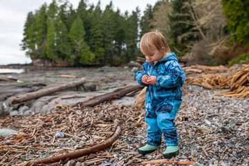 Curious toddler explores a shoreline on Vancouver Island. Dressed for the weather and engaged in outdoor free play, they collect small treasures. This highlights unstructured playand time outdoors
