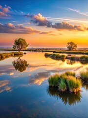 Pristine Gachere marshes reflect serene Brem sur Mer waters at dawn
