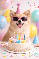 Cute dog celebrating birthday with colorful cake and balloons