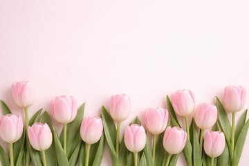 Soft pink tulips arranged on light background