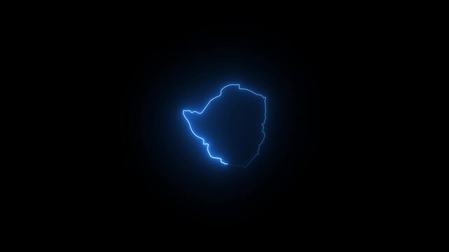 Glowing Blue Outline Map of Zimbabwe on Black Background neon map country border