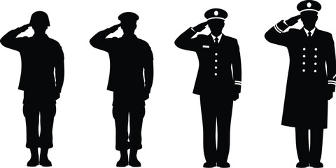 Four military personnel saluting different uniforms on transparent background silhouette