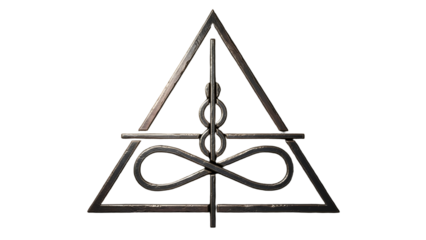 Metallic triangular symbol with infinity loop on white background