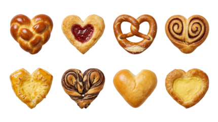 Heart shaped pastry set including braided challah, jam danish, pretzel, cinnamon roll, chocolate babka, and custard pastries isolated. Bakery and valentines day food collection.