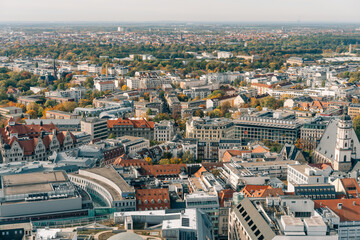Obraz premium The drone aerial view of Leipzig, Germany. Leipzig is the largest city in the German federal state of Saxony