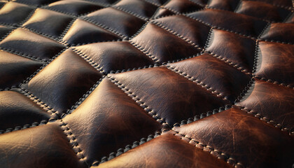 Obraz premium Close-up of a luxurious dark brown quilted leather texture with visible stitching and soft lighting