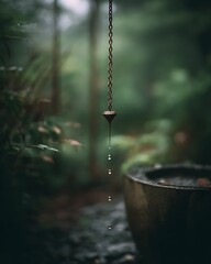 Japanese Rain Chain Water Drops Falling into Stone Basin Tranquil Garden Scene