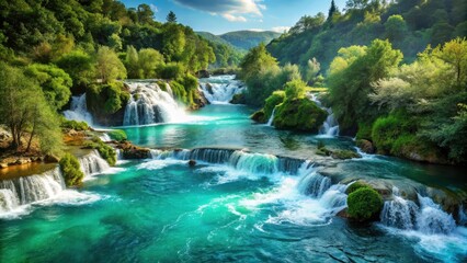 Majestic turquoise hues cascade over ancient limestone, as the Bereg Rivers crystal clear waters plunge into a serene Bosnian landscape