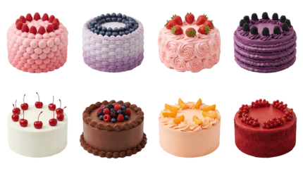 Gourmet cake set including raspberry, blueberry, strawberry, blackberry, chocolate, apricot, and redcurrant varieties. Professional bakery and dessert collection.