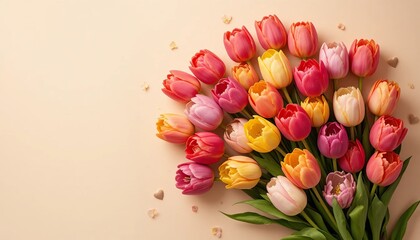 Vibrant bouquet of colorful pink, yellow, orange, and white tulips arranged on a soft beige background. Ideal for spring, Mother's Day, or Valentine's Day celebrations, with generous copy space.