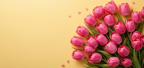 Pink tulips with scattered hearts on a yellow background, creating a vibrant spring and love-themed flat lay with ample copy space.