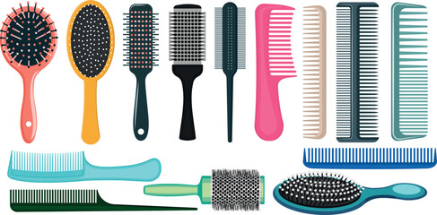 Types of Hair Combs and Hairdressing Brushes Large Set, Hairstyling Tools Collection Vector Illustration