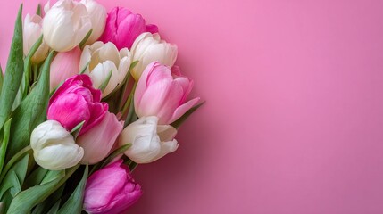 Vibrant pink and white tulip bouquet arranged on a clean pink background with ample copy space. Ideal for spring celebrations, Mother's Day, Valentine's Day, or romantic greetings.