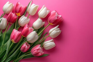 Vibrant pink and white tulip bouquet arranged diagonally on a bright pink background. Ideal for spring, Mother's Day, or Valentine's Day celebrations with ample copy space.