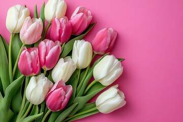 Vibrant pink and white tulip bouquet on a bright pink background. Fresh floral display, ideal for spring, Mother's Day, or Valentine's greetings, with copy space.