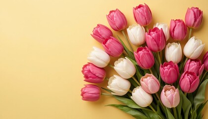 Vibrant pink and white tulip bouquet on a soft yellow background, arranged as a fresh spring floral gift with copy space. Perfect for celebrations, greetings, and seasonal themes.