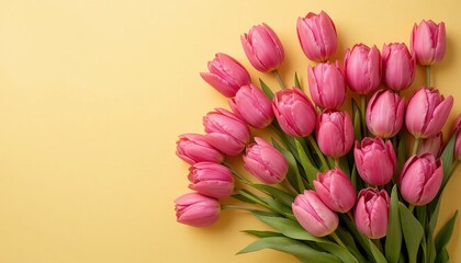 Vibrant pink tulips arranged on a bright yellow background, perfect for spring, Mother's Day, or romantic celebrations. A beautiful floral bouquet with ample copy space for greetings and messages.