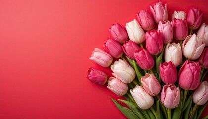 A bouquet of pink and white tulips lies on a vibrant red background, top view composition, Mother's Day greeting card.