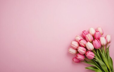 A bouquet of pink tulips lies on a solid pastel background, Minimalist floral composition, Mother's Day greeting card.