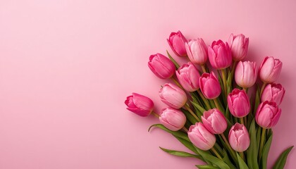 A bouquet of pink tulips lies on a matching pink background, Minimalist floral composition, Spring greeting card.