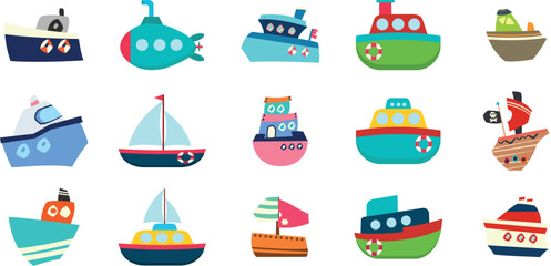 Set of Ships Including Steamers and Submarine, Maritime Transport and Naval Vessel Vector Illustration