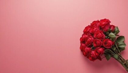 A bouquet of red roses lies on a pink background with copy space, minimalist studio composition, Valentine's Day greeting.