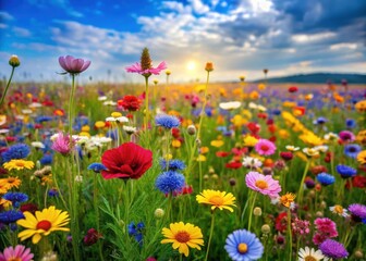 A colorful meadow blooms with vibrant wildflowers