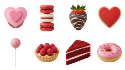 Sweet dessert and pastry set including cupcake, macarons, chocolate strawberry, cookie, cake pop, raspberry tart, red velvet cake, and donut isolated. Valentines day food collection.