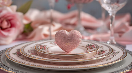 Romantic pink heart-shaped decor on elegant dinnerware enhances the aesthetic appeal of dining settings, creating a charming and intimate atmosphere.