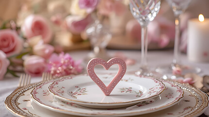 Romantic pink heart-shaped decor on elegant dinnerware enhances the aesthetic appeal of dining settings, creating a charming and intimate atmosphere.
