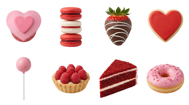 Sweet dessert and pastry set including cupcake, macarons, chocolate strawberry, cookie, cake pop, raspberry tart, red velvet cake, and donut isolated. Valentines day food collection. - Powered by Adobe