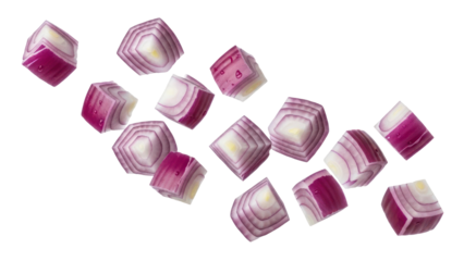 Floating slices of red onion on transparent background
