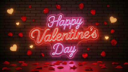 Happy Valentine's Day Neon Sign Glowing Pink Red Lights on Black Brick Wall with Floating Rose Petals and Hearts Romantic Decoration 3D Render High Resolution Stock Image Wallpaper Background