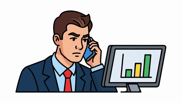 A man in a suit talks on his phone while looking at a computer screen with a bar graph