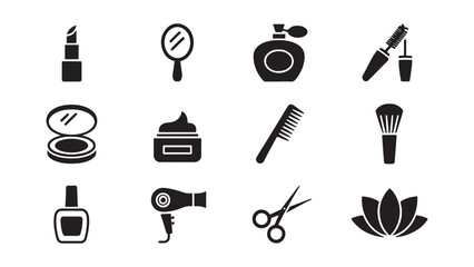 Beauty salon and cosmetics icon collection featuring lipstick, makeup brush, perfume, mirror, face cream, hair dryer, nail polish, comb, and lotus flower for fashion, spa, and feminine care design.