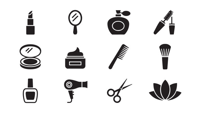 Beauty salon and cosmetics icon collection featuring lipstick, makeup brush, perfume, mirror, face cream, hair dryer, nail polish, comb, and lotus flower for fashion, spa, and feminine care design.