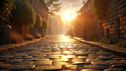 Warm sunlight illuminates rustic cobblestones in a serene country lane