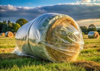 Freshly harvested hay bundle wrapped in protective plastic sheeting for storage and transportation purposes