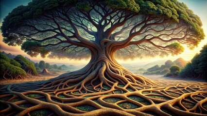The intricate network of ridges and grooves on the surface of this ancient tree forms a natural mosaic