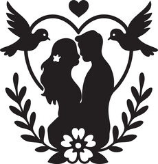 Husband and Wife on Cycle with Heart Shaped Balloons Vector Illustration