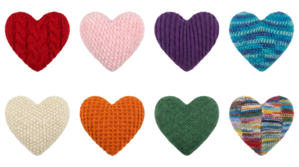 Knitted heart set including various colors, textures, and patterns isolated. Decorative textile elements for craft and holiday designs.