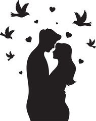 Husband and Wife on Cycle with Heart Shaped Balloons Vector Illustration