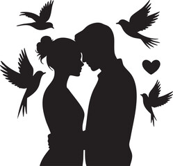 Romantic Valentine Couple Silhouette with Love Bird Vector