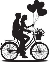 Husband and Wife on Cycle with Heart Shaped Balloons Vector Illustration