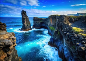 Dramatic black volcanic rock formations plunge into a brilliant blue Atlantic Ocean at Dyrholaey, Viks iconic coastline