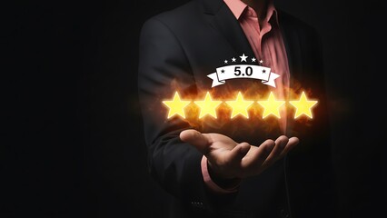 A professional presenting a five star rating and customer satisfaction concept
