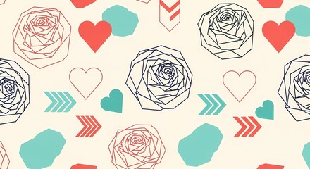 Seamless pattern with geometric line art roses, hearts, and arrows in a modern, abstract style on a cream background, perfect for decorative use.