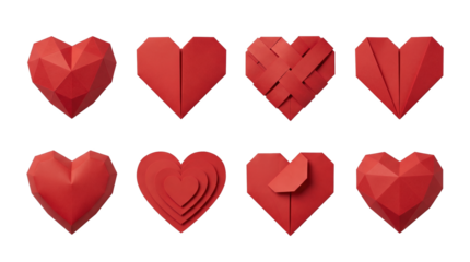 Red paper heart set including geometric, pleated, layered, and woven origami styles isolated. Valentine and romantic symbol collection.