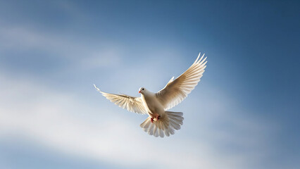 White dove flying against a blue sky with soft clouds  