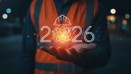 Construction worker holding a glowing 2026 symbol with gear elements